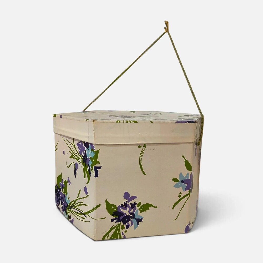 Vintage Violet Floral Hexagon Hat Box Purple Flowers Cord Handle Cardboard
